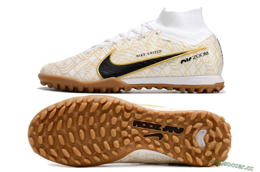 Men's Nike Air Zoom Mercurial Superfly 9 Elite TF Artificial Turf High-Tops Football Shoes - White/Black/Gold 1