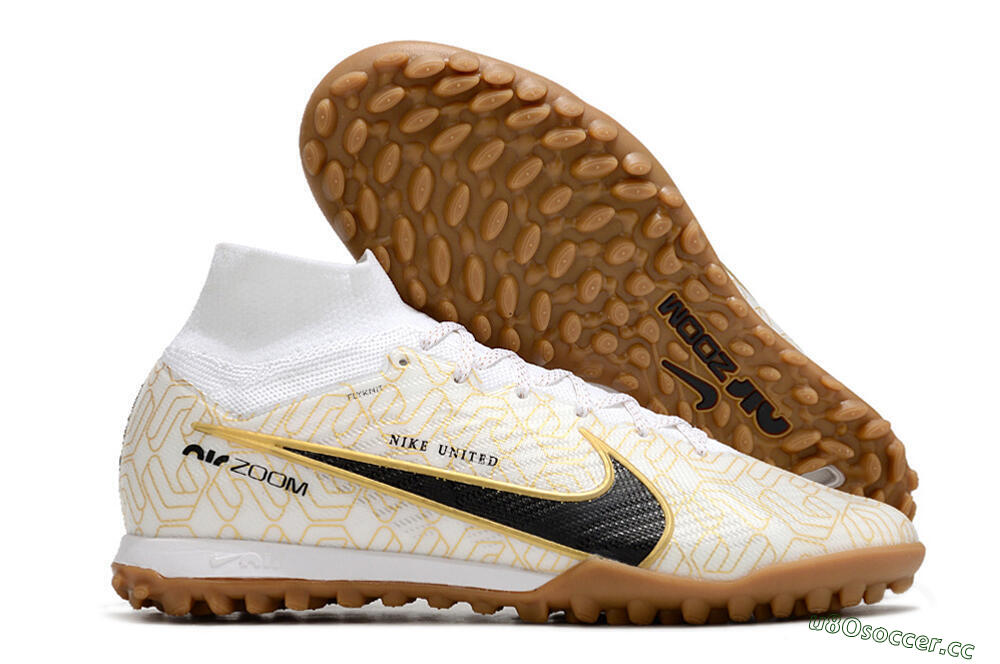 Men's Nike Air Zoom Mercurial Superfly 9 Elite TF Artificial Turf High-Tops Football Shoes - White/Black/Gold 2