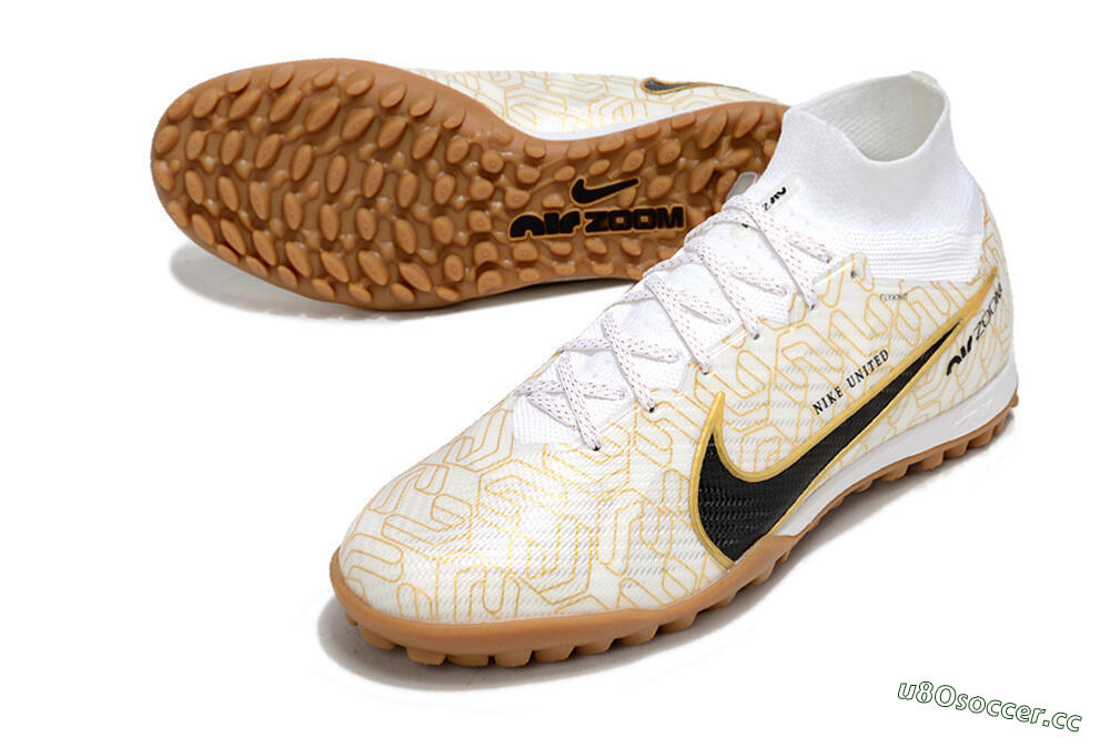 Men's Nike Air Zoom Mercurial Superfly 9 Elite TF Artificial Turf High-Tops Football Shoes - White/Black/Gold 3
