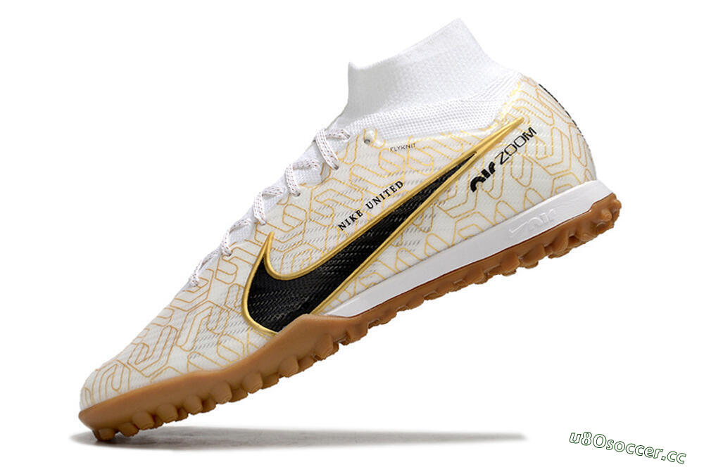 Men's Nike Air Zoom Mercurial Superfly 9 Elite TF Artificial Turf High-Tops Football Shoes - White/Black/Gold 5