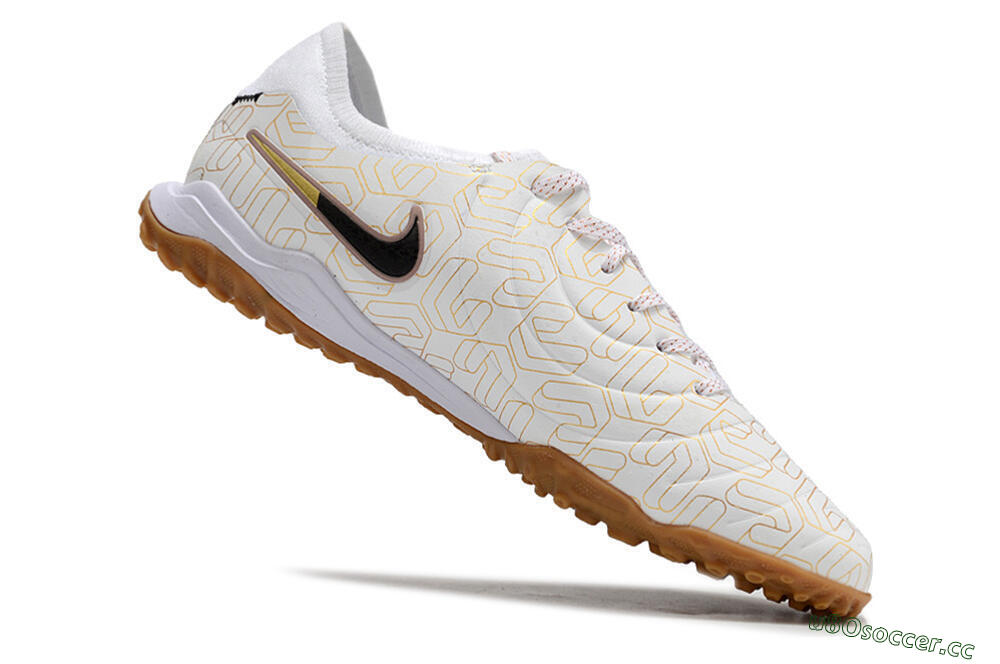 Men's Nike Tiempo Legend 10 Pro TF Artificial Turf Low-Tops Football Shoes - White/Gold/Black 4