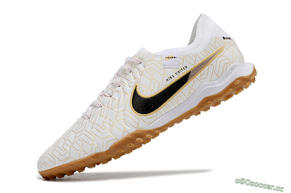 Men's Nike Tiempo Legend 10 Pro TF Artificial Turf Low-Tops Football Shoes - White/Gold/Black 5