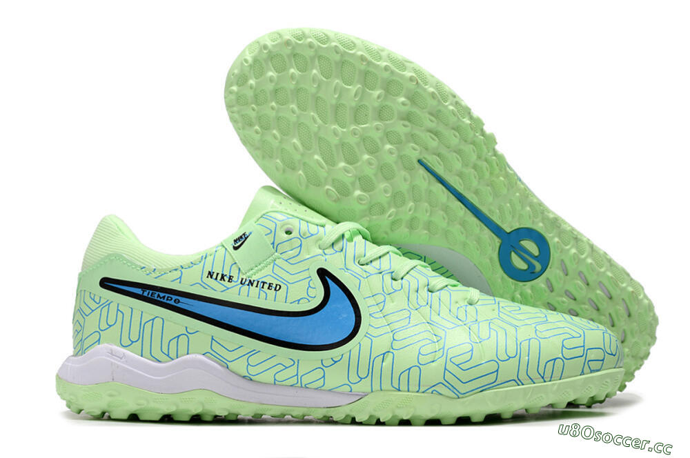 Men's Nike Tiempo Legend 10 Pro TF Artificial Turf Low-Tops Football Shoes - Green/Blue/White 2