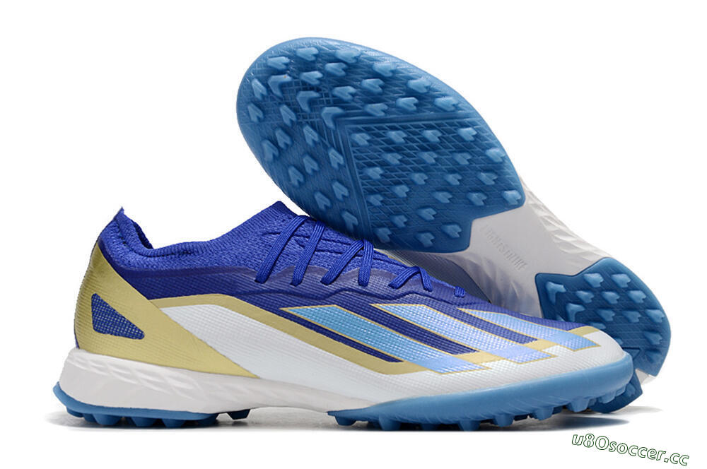 Men's Adidas X 23 Crazyfast.1 TF Artificial Turf Low-Tops Football Shoes - Blue/Gold/White 2