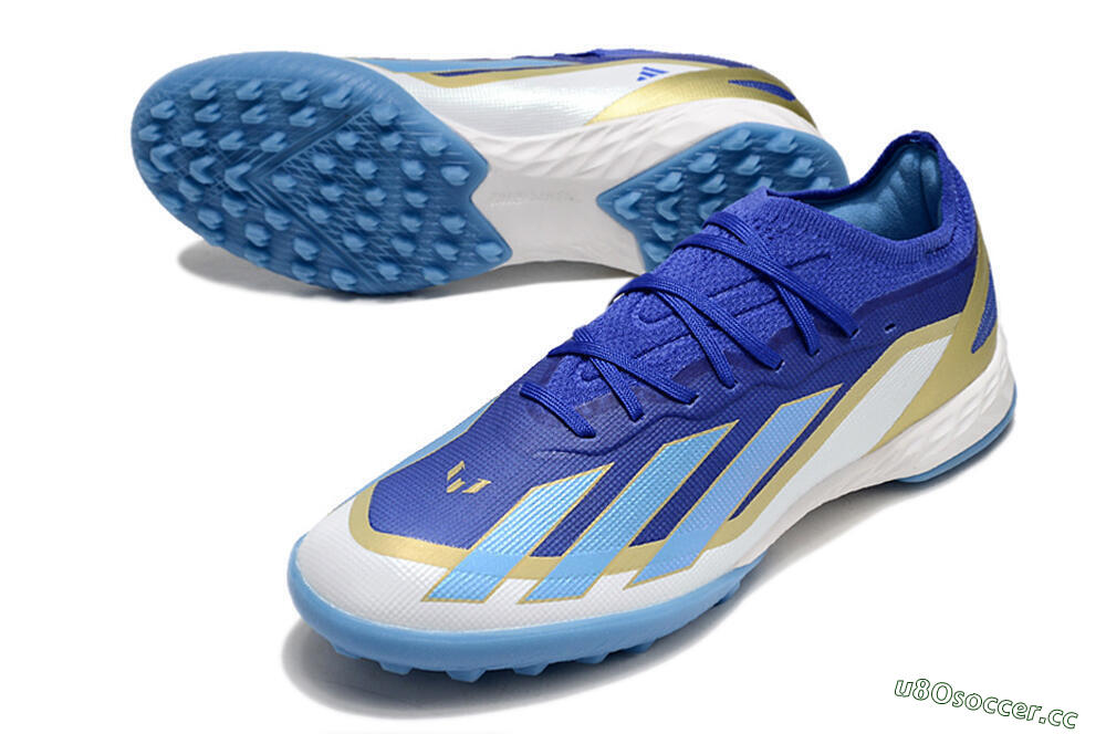 Men's Adidas X 23 Crazyfast.1 TF Artificial Turf Low-Tops Football Shoes - Blue/Gold/White 3