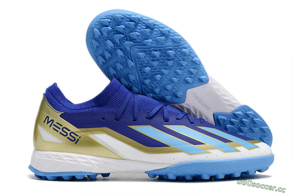 Men's Adidas X Crazyfast.3 Messi TF Artificial Turf Low-Tops Football Shoes - Blue/White/Gold 2