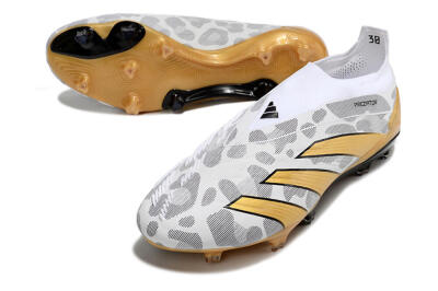 Men's Adidas Predator Accuracy+ Laceless FG Firm Ground Low-Tops Football Boots - White/Grey/Gold