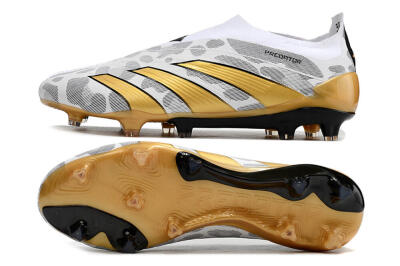 Men's Adidas Predator Accuracy+ Laceless FG Firm Ground Low-Tops Football Boots - White/Grey/Gold