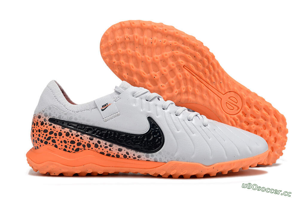 Men's Nike Tiempo Legend 10 Pro TF Artificial Turf Low-Tops Football Shoes - White/Black/Orange 2