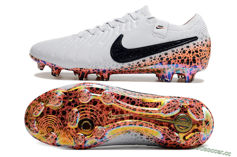 Men's Nike Tiempo Legend 10 Elite FG Firm Ground Low-Tops Football Boots - White/Black/Leopard/Gold 1