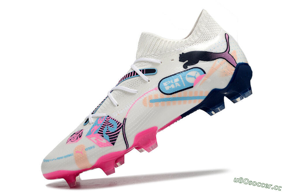 Men's Puma Future Ultimate FG Firm Ground Low-Tops Football Boots - White/Blue/Black/Pink 4