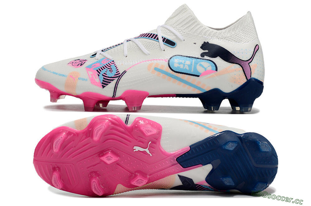 Men's Puma Future Ultimate FG Firm Ground Low-Tops Football Boots - White/Blue/Black/Pink 1