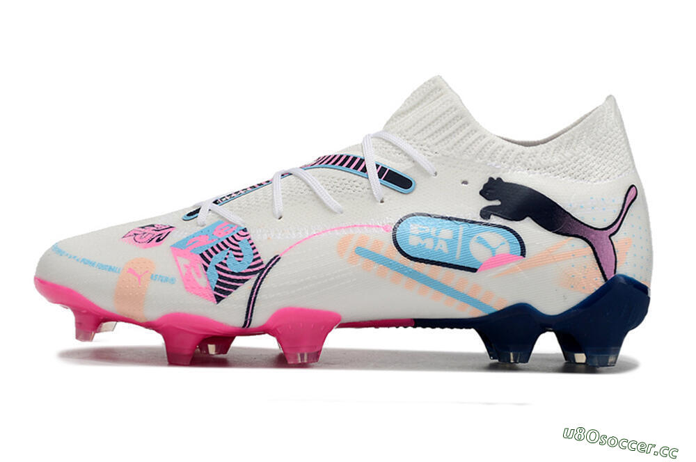 Men's Puma Future Ultimate FG Firm Ground Low-Tops Football Boots - White/Blue/Black/Pink 0