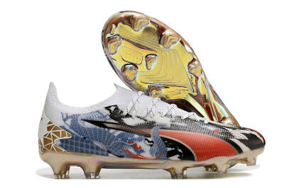 Men's Puma Ultra Ultimate FG Firm Ground Low-Tops Football Boots - White/Black/Red/Blue