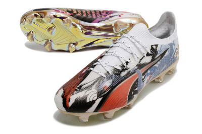 Men's Puma Ultra Ultimate FG Firm Ground Low-Tops Football Boots - White/Black/Red/Blue