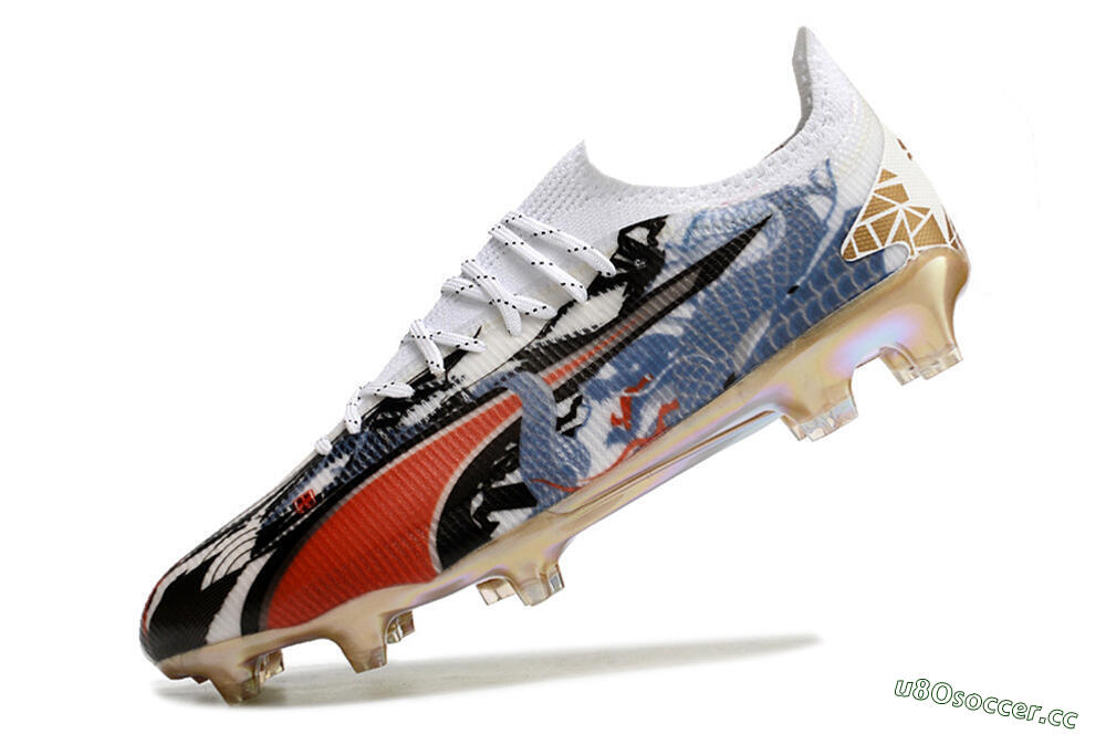 Men's Puma Ultra Ultimate FG Firm Ground Low-Tops Football Boots - White/Black/Red/Blue 5