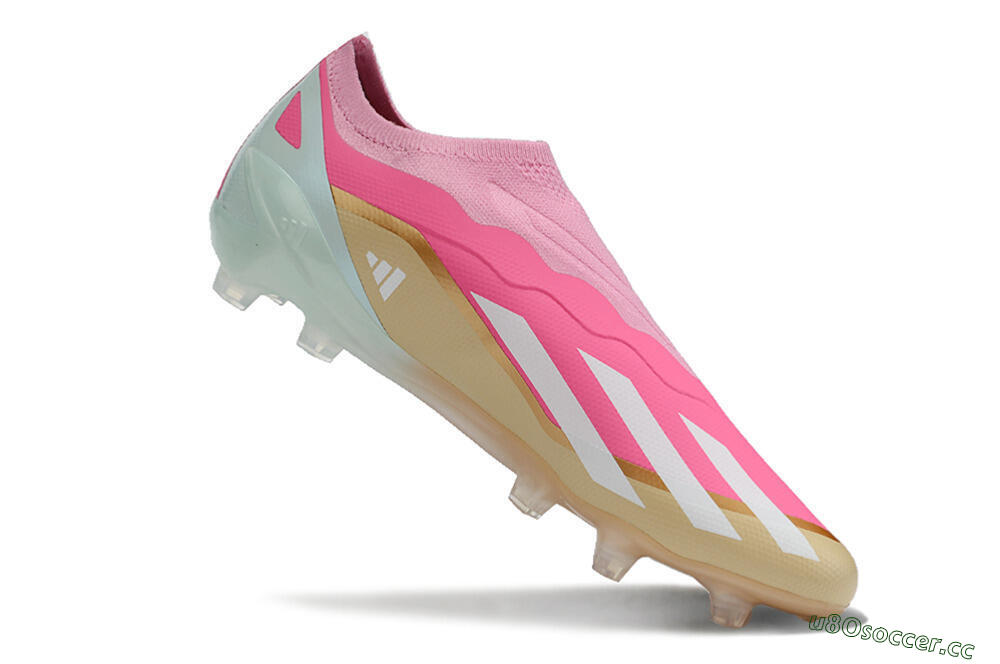 Men's Adidas X Crazyfast+ Laceless FG Firm Ground Low-Tops Football Boots - Pink/White/Gold/Jade 4