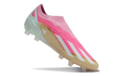 Men's Adidas X Crazyfast+ Laceless FG Firm Ground Low-Tops Football Boots - Pink/White/Gold/Jade