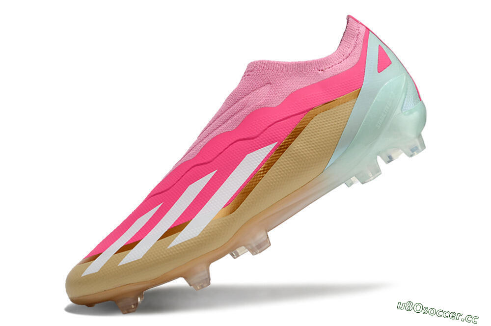 Men's Adidas X Crazyfast+ Laceless FG Firm Ground Low-Tops Football Boots - Pink/White/Gold/Jade 5