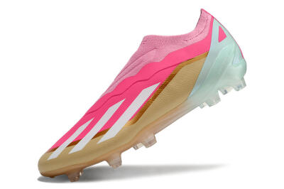 Men's Adidas X Crazyfast+ Laceless FG Firm Ground Low-Tops Football Boots - Pink/White/Gold/Jade