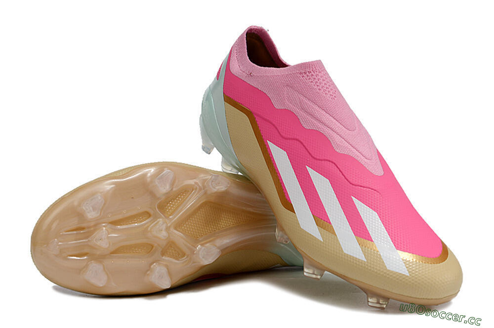 Men's Adidas X Crazyfast+ Laceless FG Firm Ground Low-Tops Football Boots - Pink/White/Gold/Jade 3