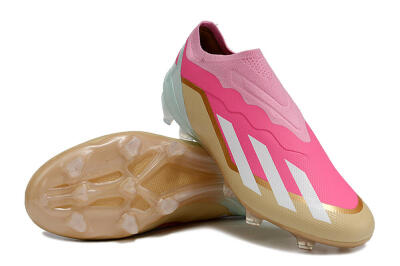 Men's Adidas X Crazyfast+ Laceless FG Firm Ground Low-Tops Football Boots - Pink/White/Gold/Jade