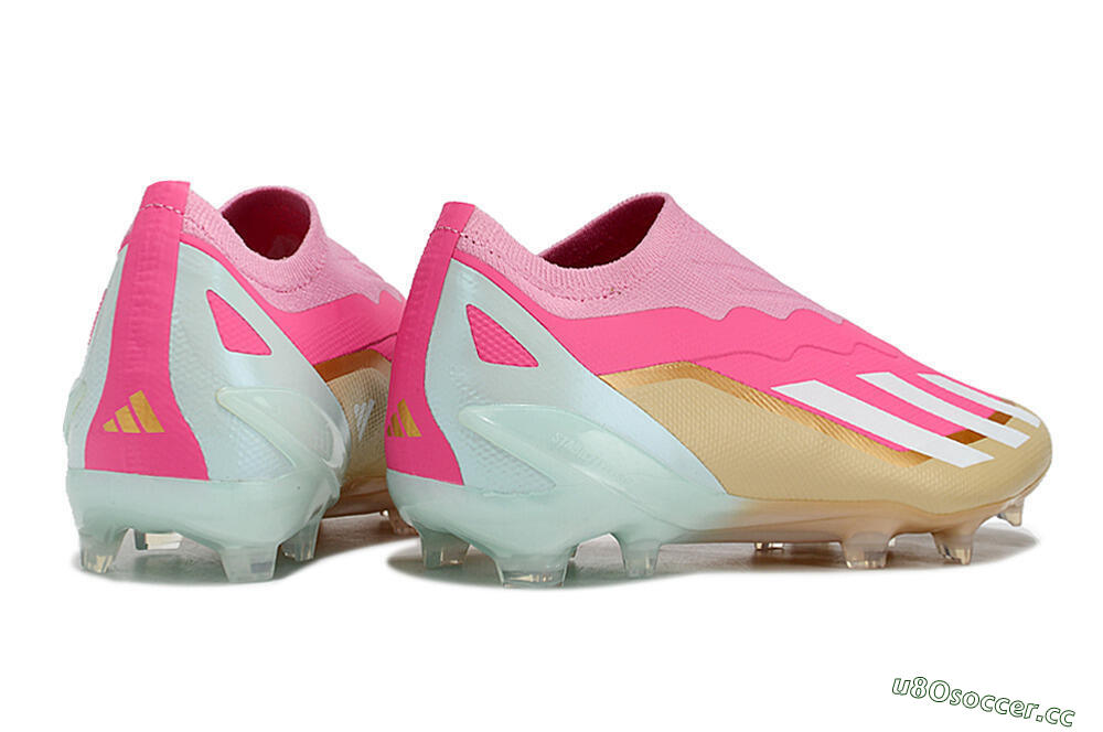 Men's Adidas X Crazyfast+ Laceless FG Firm Ground Low-Tops Football Boots - Pink/White/Gold/Jade 6