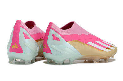 Men's Adidas X Crazyfast+ Laceless FG Firm Ground Low-Tops Football Boots - Pink/White/Gold/Jade