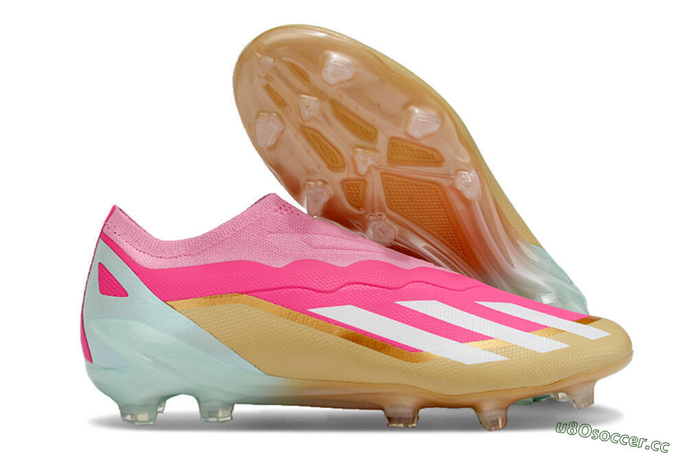 Men's Adidas X Crazyfast+ Laceless FG Firm Ground Low-Tops Football Boots - Pink/White/Gold/Jade 2