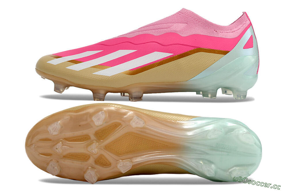 Men's Adidas X Crazyfast+ Laceless FG Firm Ground Low-Tops Football Boots - Pink/White/Gold/Jade 1