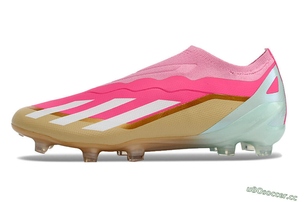 Men's Adidas X Crazyfast+ Laceless FG Firm Ground Low-Tops Football Boots - Pink/White/Gold/Jade 0