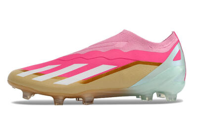 Men's Adidas X Crazyfast+ Laceless FG Firm Ground Low-Tops Football Boots - Pink/White/Gold/Jade