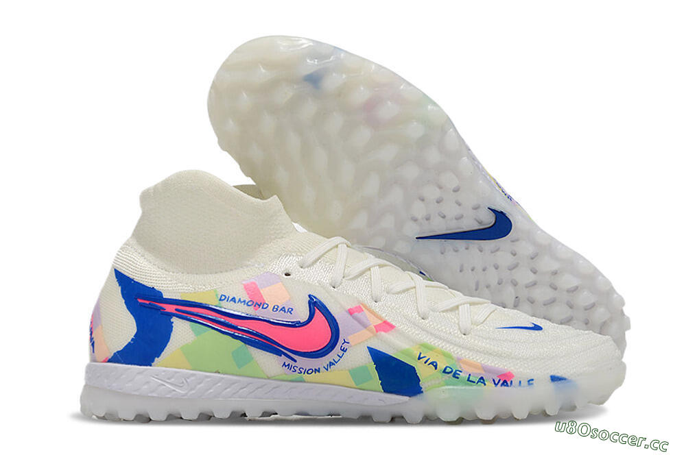 Men's Nike Phantom Luna Elite NU TF Artificial Turf High-Tops Football Shoes - Beige/Blue/Yellow/Pink 2