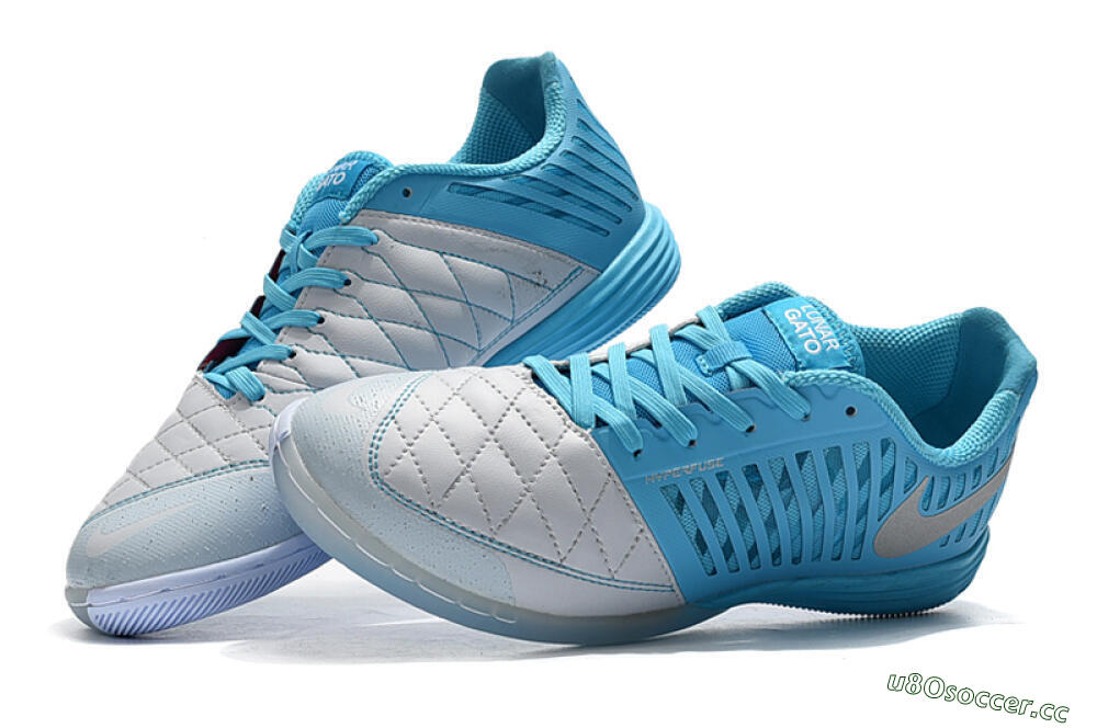 Men's Nike Lunar Gato 2 IC Indoor & Futsal Low-Tops Football Shoes - White/Blue/Silver 4