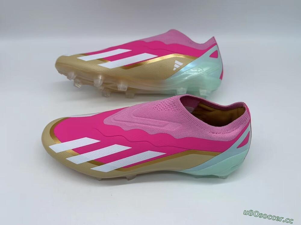 Men's Adidas X Crazyfast+ Laceless FG Firm Ground Low-Tops Football Boots - Pink/White/Gold/Jade