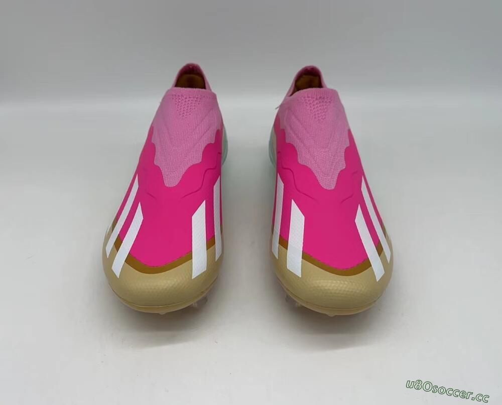 Men's Adidas X Crazyfast+ Laceless FG Firm Ground Low-Tops Football Boots - Pink/White/Gold/Jade