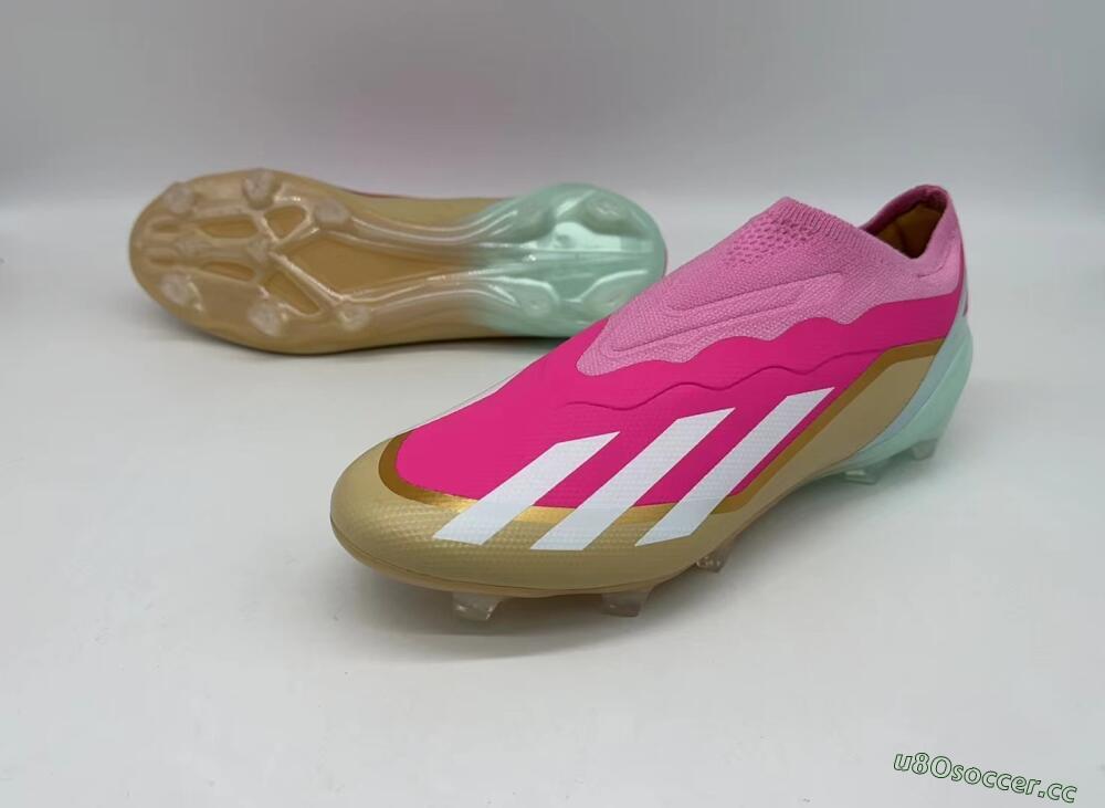 Men's Adidas X Crazyfast+ Laceless FG Firm Ground Low-Tops Football Boots - Pink/White/Gold/Jade