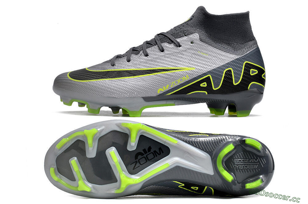 Unisex Nike Air Zoom Mercurial Superfly 9 Elite FG Firm Ground High-Tops Football Boots - Silver/Grey/Green 1