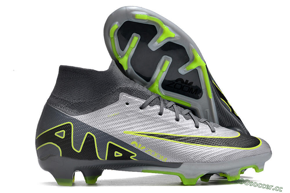Unisex Nike Air Zoom Mercurial Superfly 9 Elite FG Firm Ground High-Tops Football Boots - Silver/Grey/Green 2
