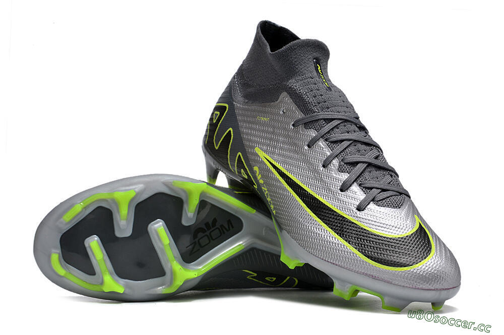 Unisex Nike Air Zoom Mercurial Superfly 9 Elite FG Firm Ground High-Tops Football Boots - Silver/Grey/Green 3