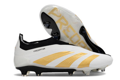 Men's Adidas Predator 24 Elite Laceless FG Firm Ground Low-Tops Football Boots - White/Gold/Black