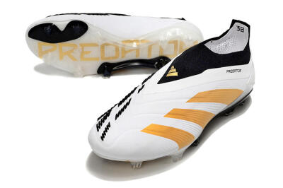 Men's Adidas Predator 24 Elite Laceless FG Firm Ground Low-Tops Football Boots - White/Gold/Black