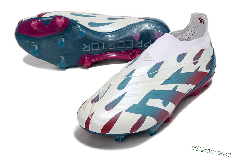 Men's Adidas Predator 24 Elite Laceless FG Firm Ground Low-Tops Football Boots - Beige/Blue/Red 3