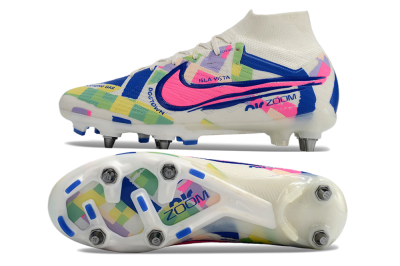 Men's Nike Air Zoom Mercurial Superfly 9 Elite SG Soft Ground High-Tops Football Boots - White/Pink/Blue/Yellow