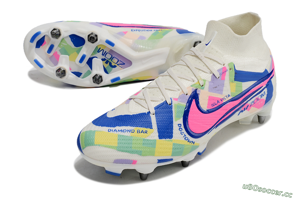 Men's Nike Air Zoom Mercurial Superfly 9 Elite SG Soft Ground High-Tops Football Boots - White/Pink/Blue/Yellow 3