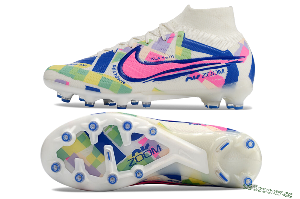 Men's Nike Air Zoom Mercurial Superfly 9 Elite AG Artificial Grass High-Tops Football Boots - White/Pink/Blue/Yellow 1