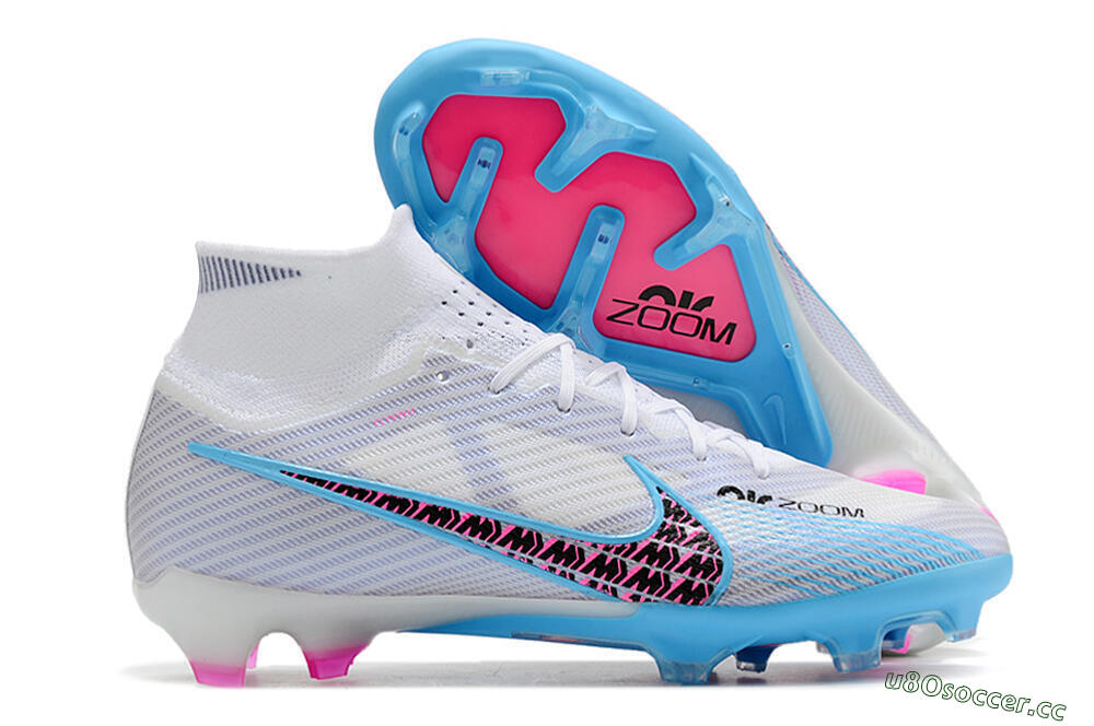 Men's Nike Air Zoom Mercurial Superfly 9 Elite FG Firm Ground High-Tops Football Boots - White/Blue/Pink 2