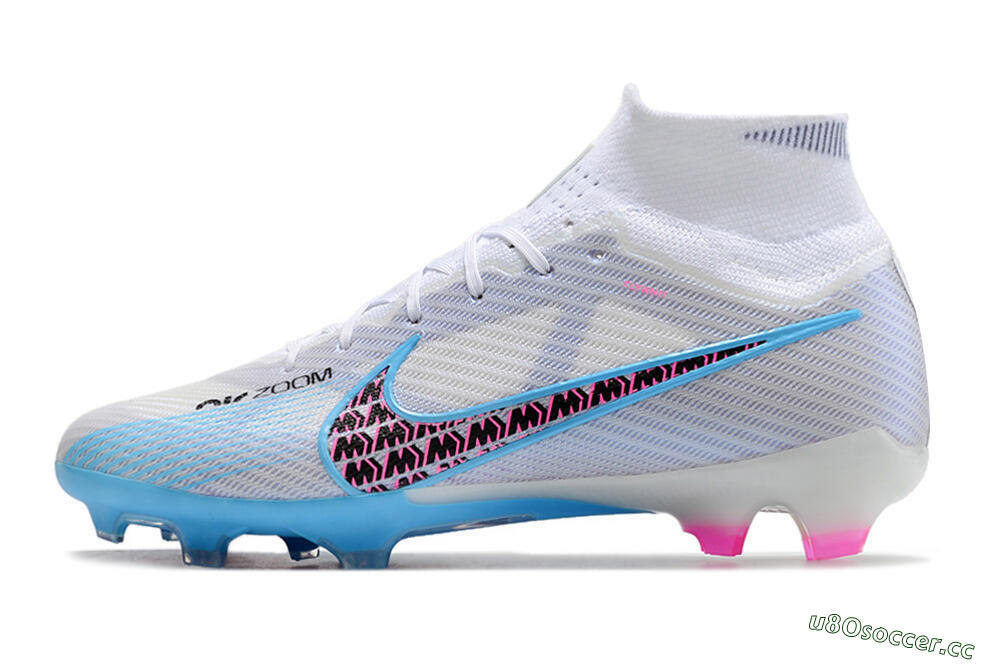 Men's Nike Air Zoom Mercurial Superfly 9 Elite FG Firm Ground High-Tops Football Boots - White/Blue/Pink 0