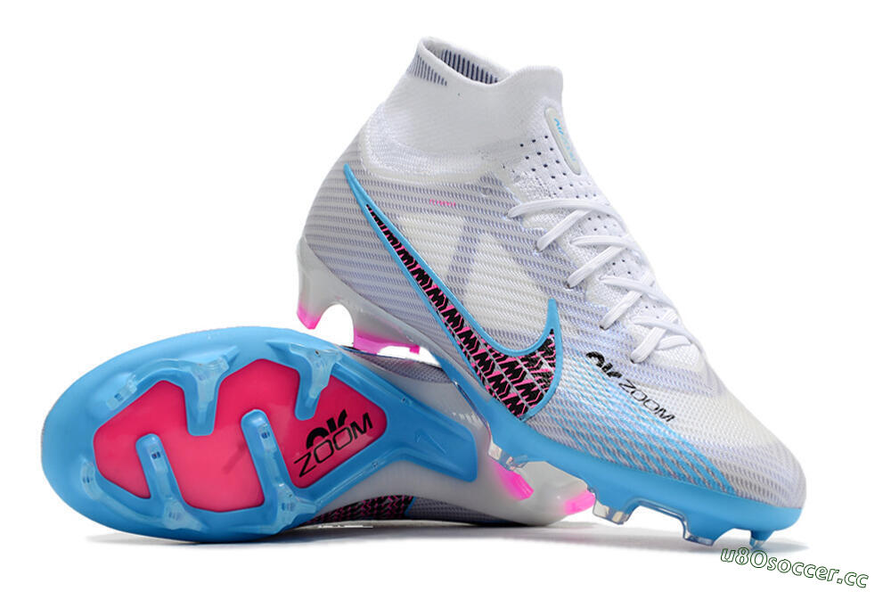 Men's Nike Air Zoom Mercurial Superfly 9 Elite FG Firm Ground High-Tops Football Boots - White/Blue/Pink 3