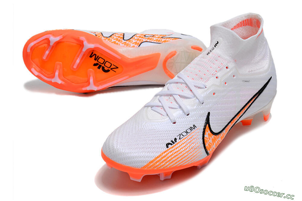 Men's Nike Air Zoom Mercurial Superfly 9 Elite FG Firm Ground High-Tops Football Boots - White/Orange/Black 3